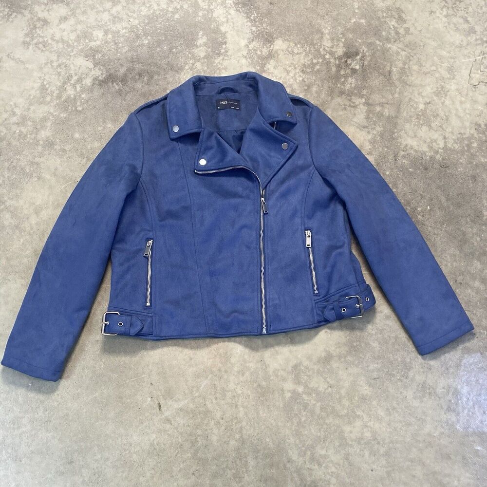 M&S Jacket Womens 16 Faux Suede Blue‎ Biker Moto Zip Collared Pockets